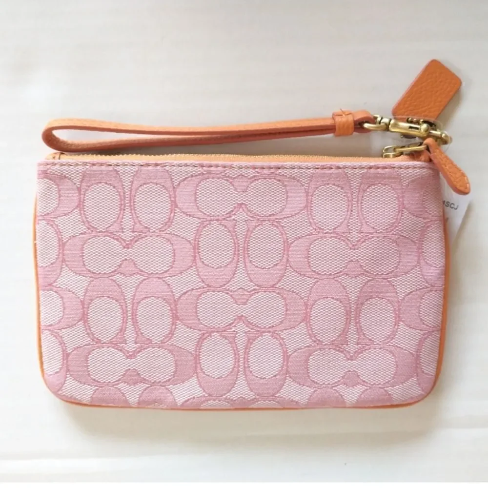 New! COACH Small Wristlet in Signature Jacquard Pebbled Leather B4/Taffy Orange - Picture 5 of 5